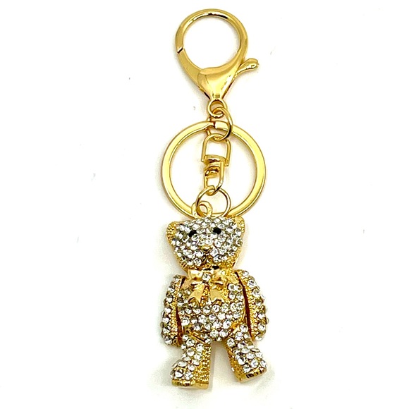NWT Bag Charm-Keychain 4” Length, Bear Covered with White Rhinestones, Gold Tone - Picture 2 of 4